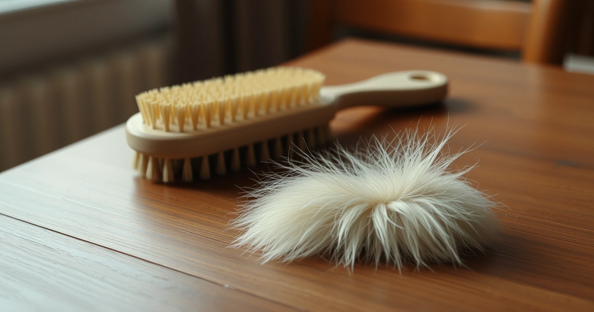 Escova de pelos e tufo de pelo claro sobre mesa de madeira