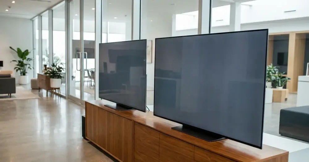 duas televisões modernas lado a lado em showroom claro